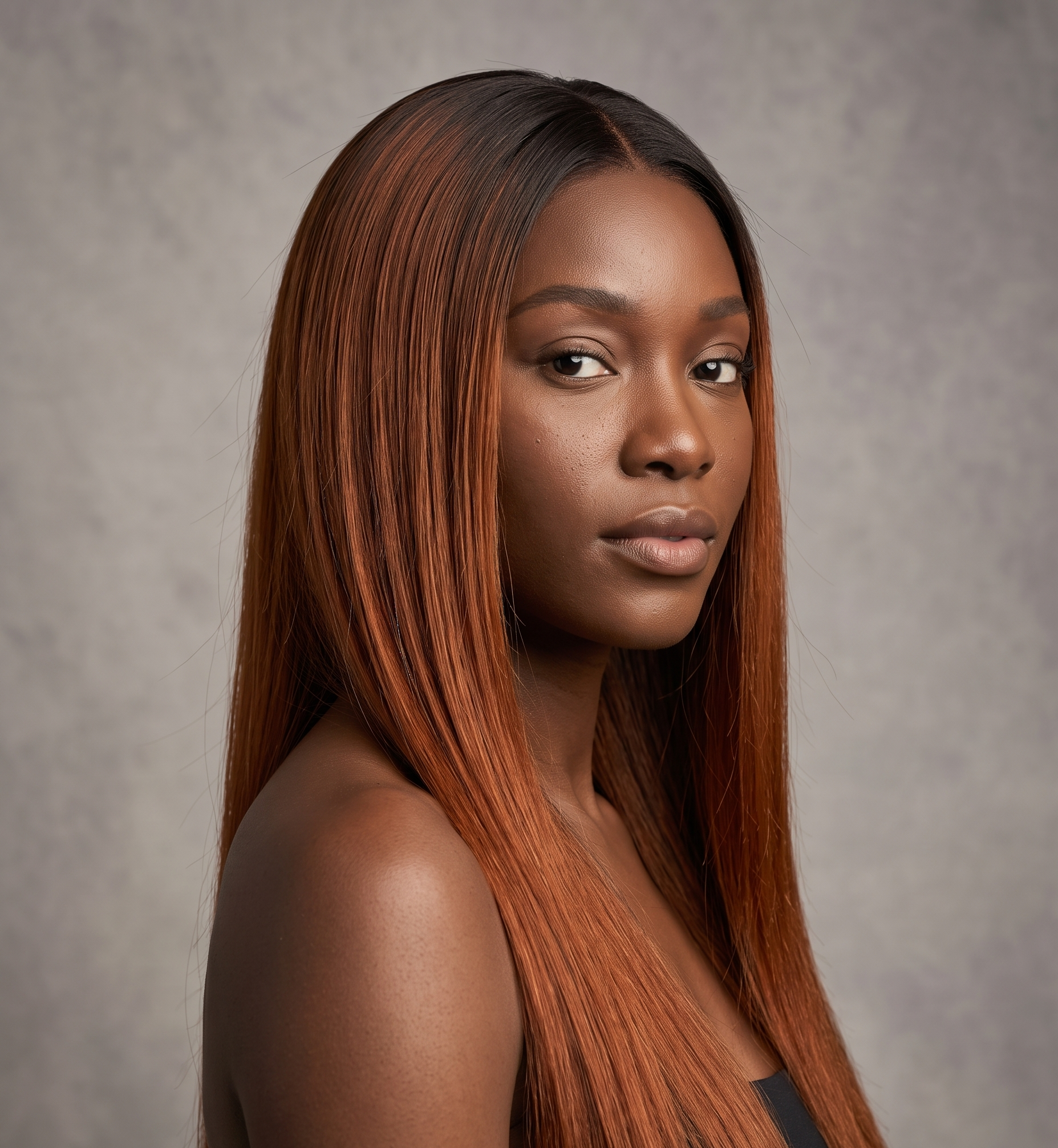 A woman with long, straight, shoulder-length auburn hair with warm copper highlights, shown in a three-quarter portrait against a textured gray studio background.