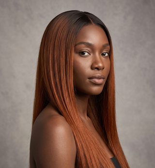 A woman with long, straight, shoulder-length auburn hair with warm copper highlights, shown in a three-quarter portrait against a textured gray studio background.