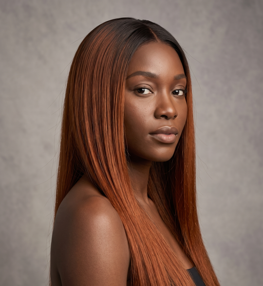 A woman with long, straight, shoulder-length auburn hair with warm copper highlights, shown in a three-quarter portrait against a textured gray studio background.